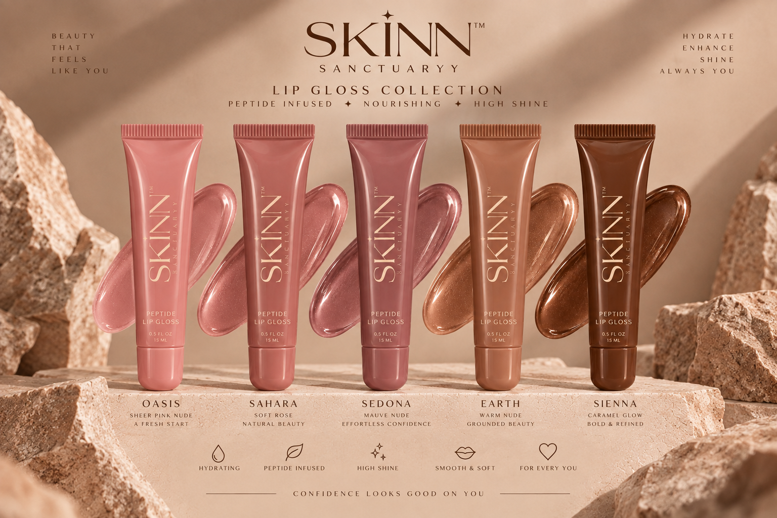 The complete Skinn Lips collection in five earth tones